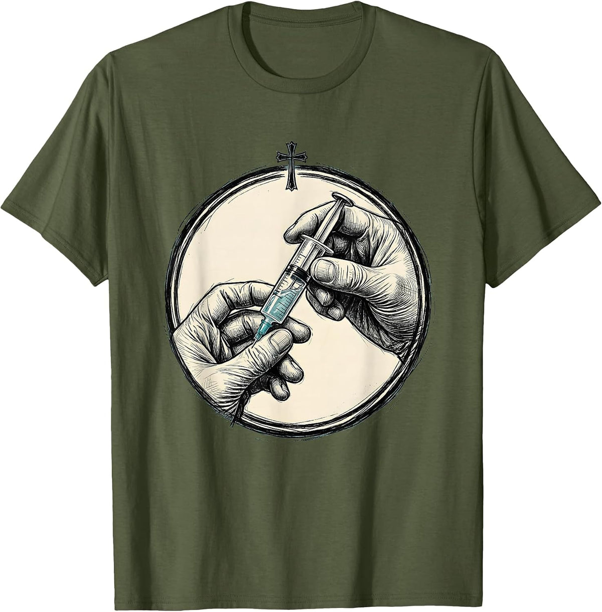 Pharmacy Technician Syringe Illustration Graphic T-Shirt - Olive Green