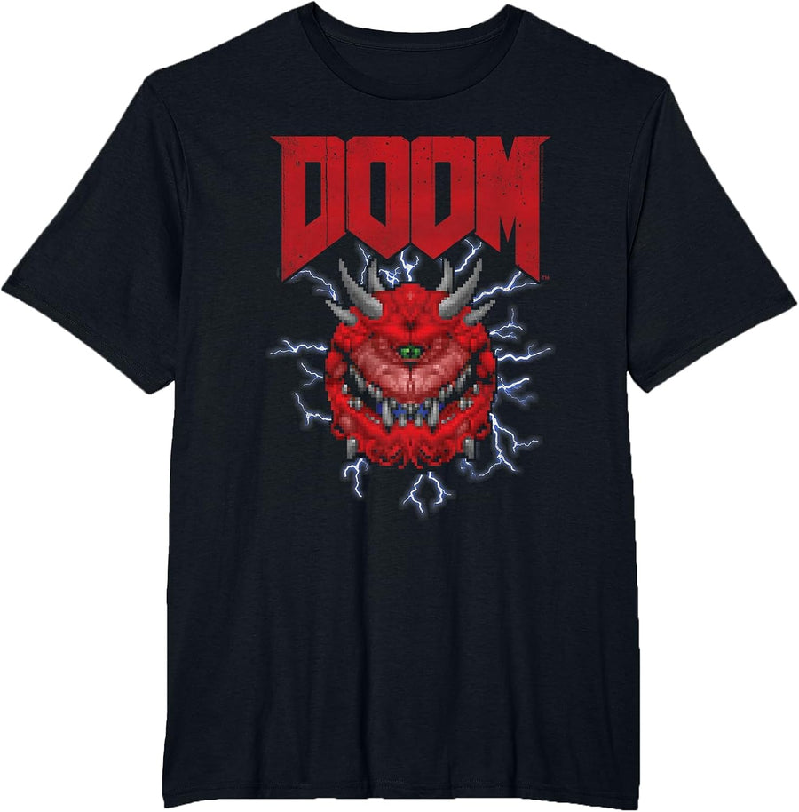 Doom Cacodemon with Lightning Distressed Video Game T-Shirt - Black