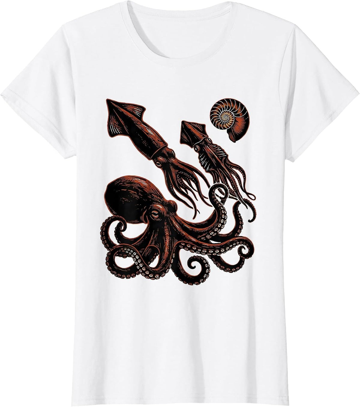 Cephalopod Silhouettes Linocut Octopus Lover Marine Biology T-Shirt - White