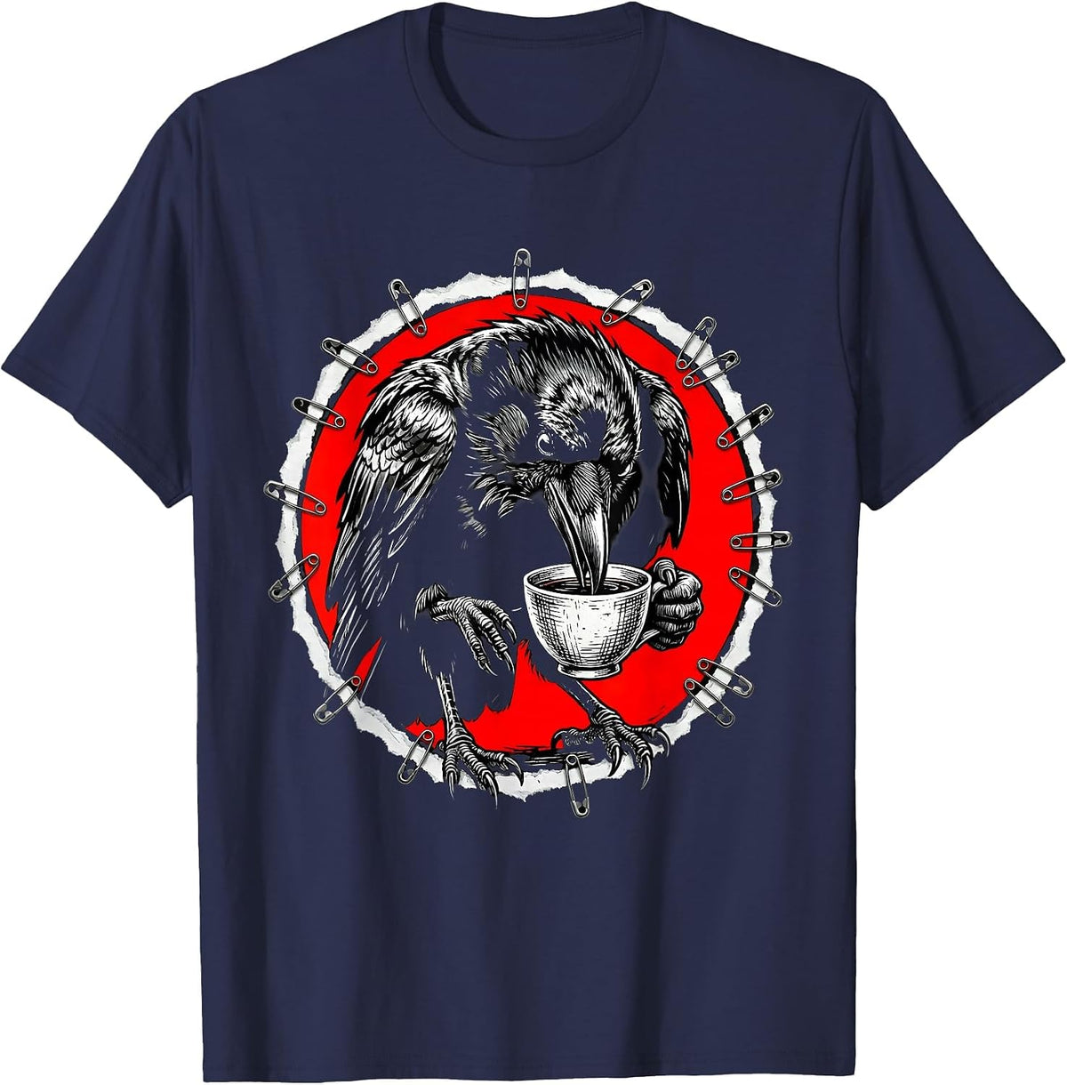 Men's Crow Drinking From a Tiny Teacup Illustration T-Shirt - Navy Blue