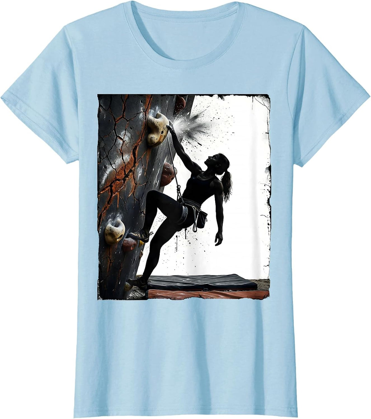 Women's Solid Woman Climber Distressed Bouldering Humor T-Shirt - Baby Blue