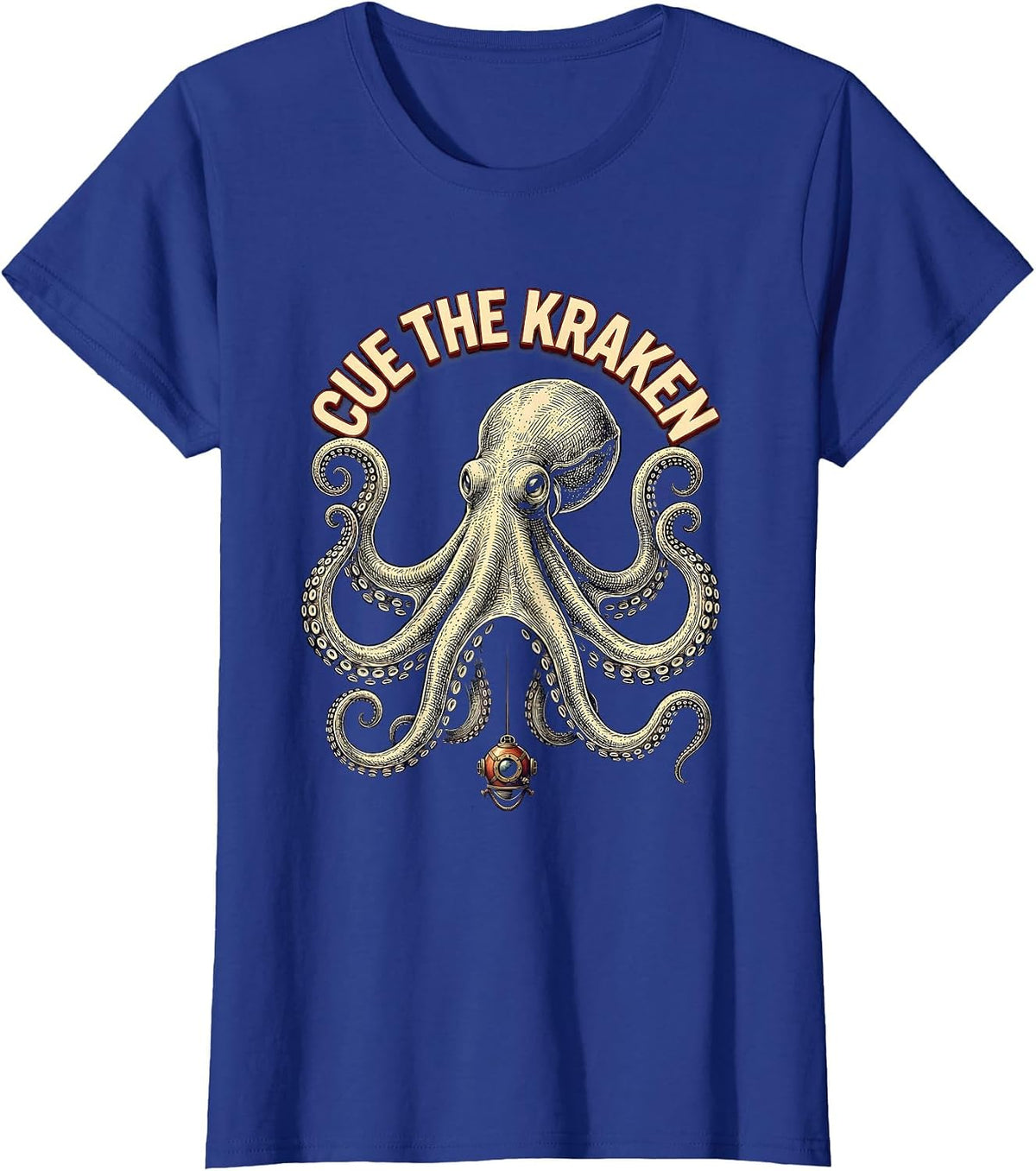 Women's Cue The Kraken Playful Octopus Sea Monster Ocean Lover Humor T-Shirt - Royal Blue