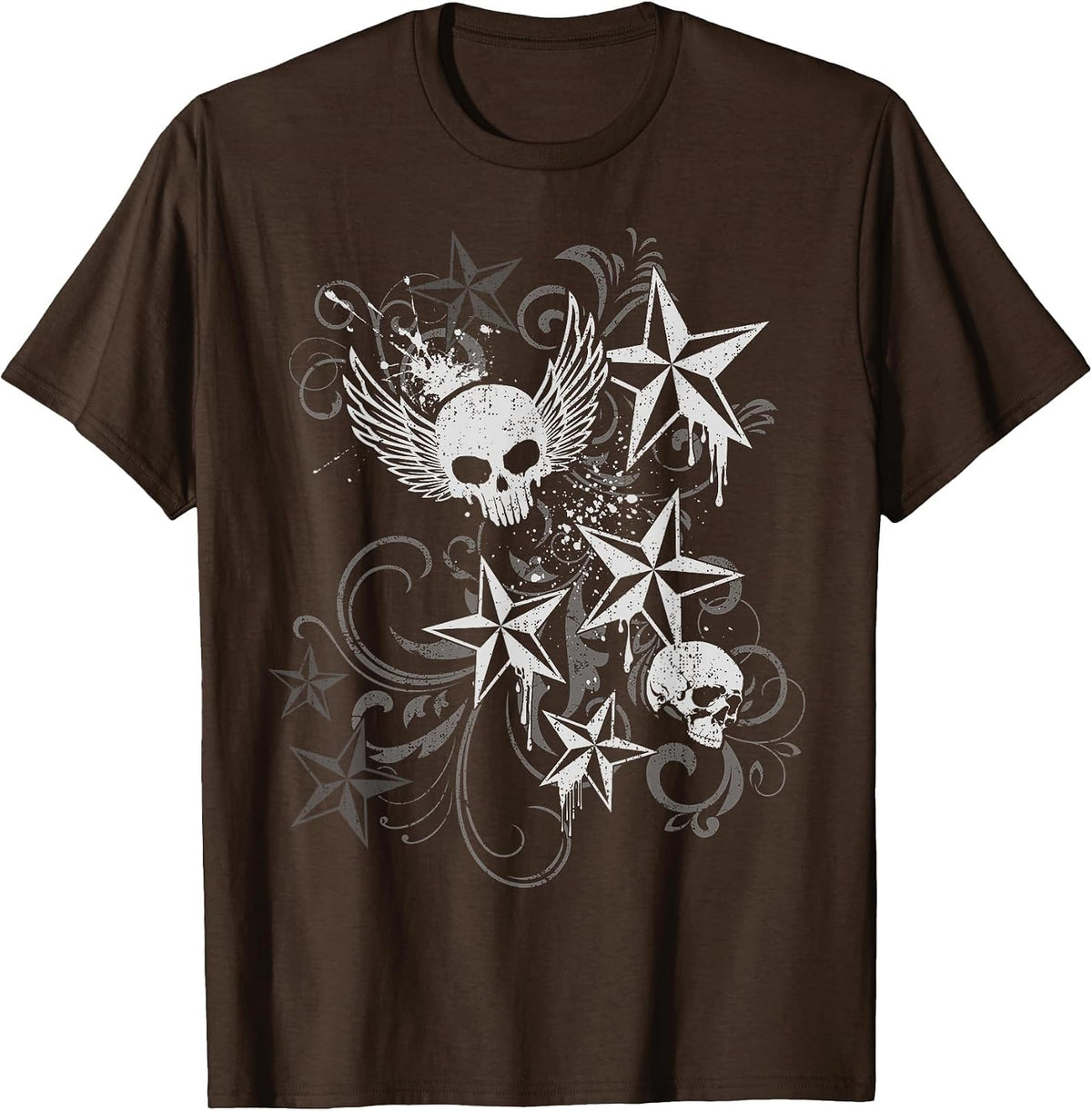Y2k Grunge Skull Wings 2000s 90s Emo Harajuku Goth T-Shirt - Brown