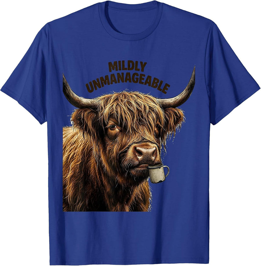 Mildly Unmanageable Funny Highland Cow Cute Novelty Coffee T-Shirt - Royal Blue