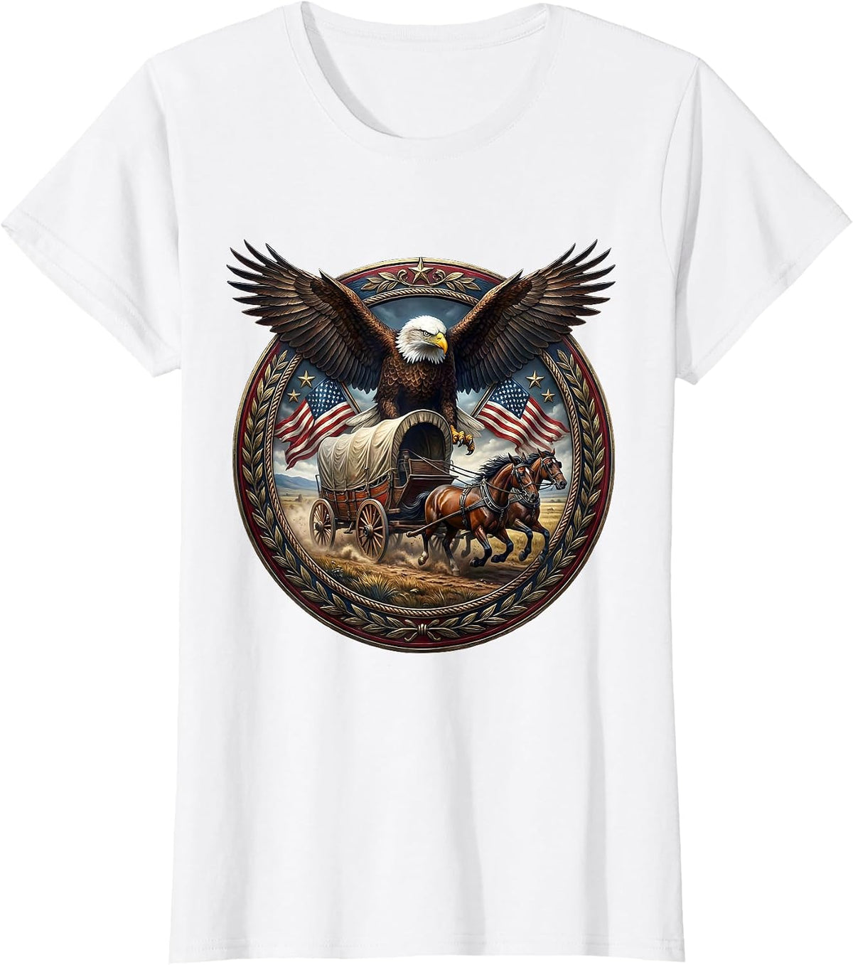 Covered Wagon Frontier Plains Patriotic Design T-Shirt - White