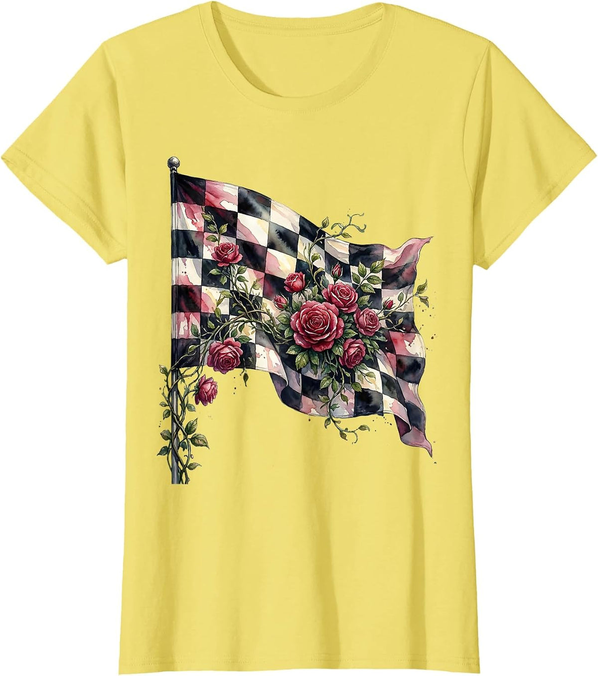 Derby Floral Checkered Flag Climbing Roses Design T-Shirt - Lemon Yellow
