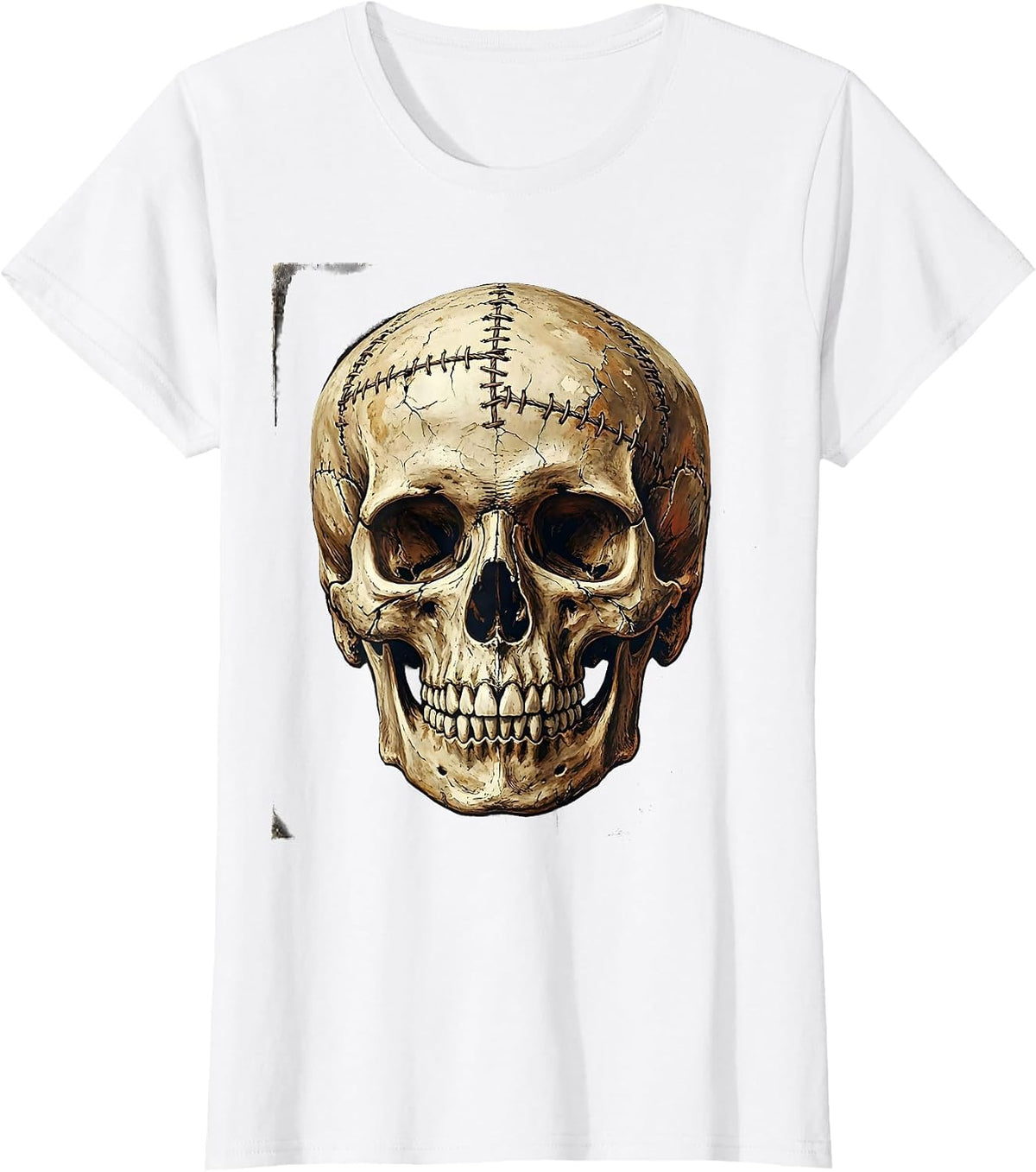 Grunge Weathered Skull Stitches and Cracks Art T-Shirt - White