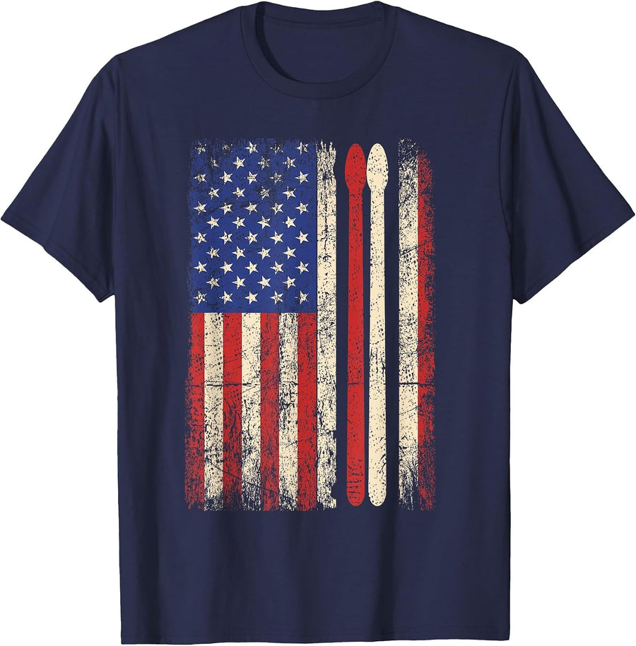 Vintage Drummer Drum Stick USA Flag American 4th of July Tee T-Shirt - Navy Blue