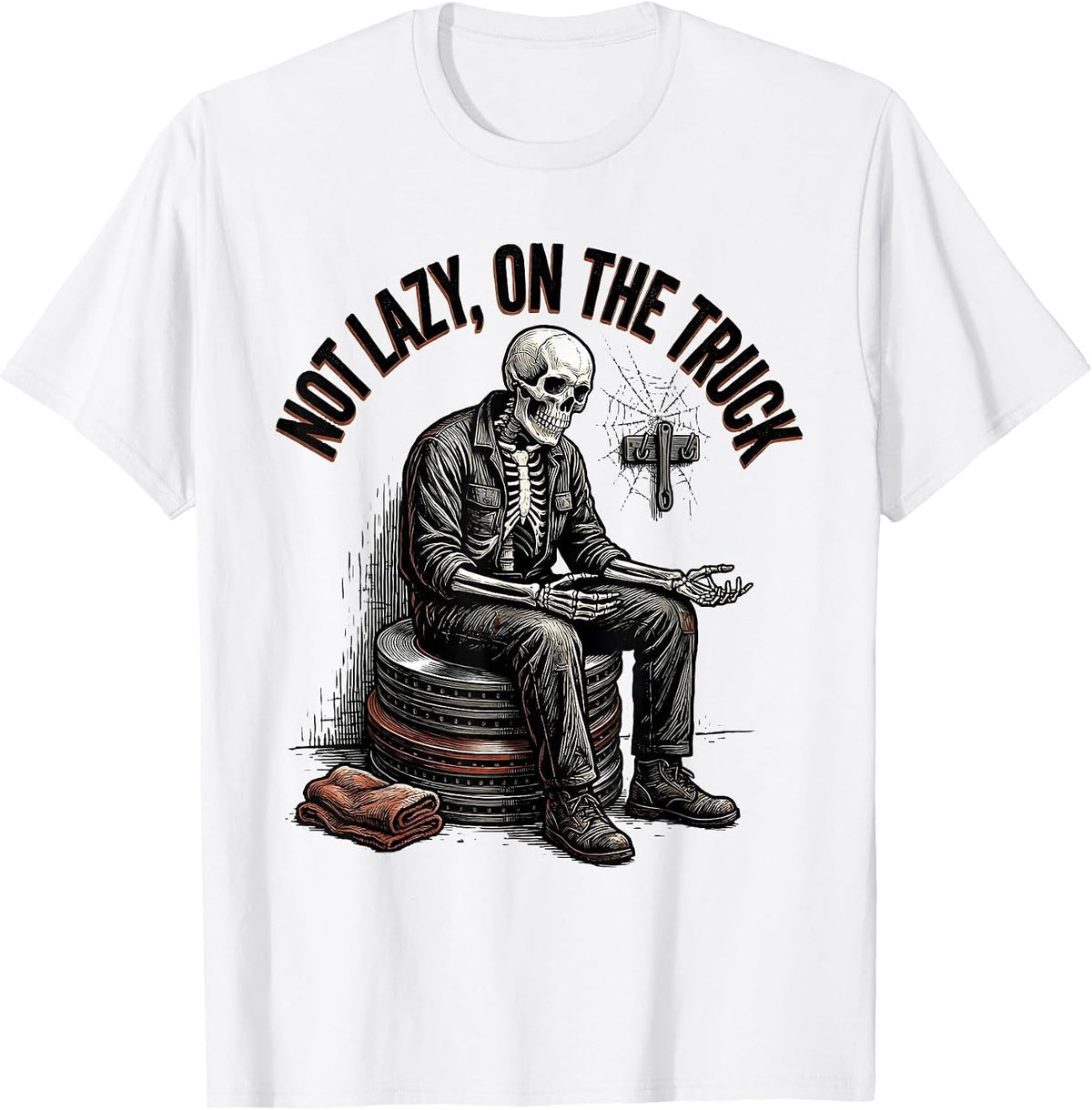 Men's Not Lazy On The Truck Funny Mechanic Skeleton Auto Repair T-Shirt - White