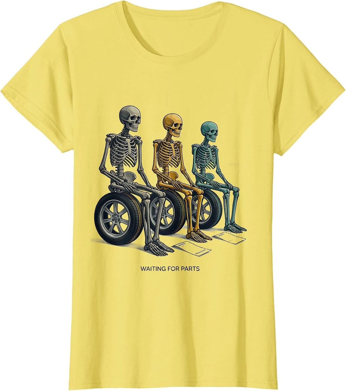 Women's Waiting For Parts Funny Mechanic Skeleton Auto Repair Life T-Shirt - Lemon Yellow