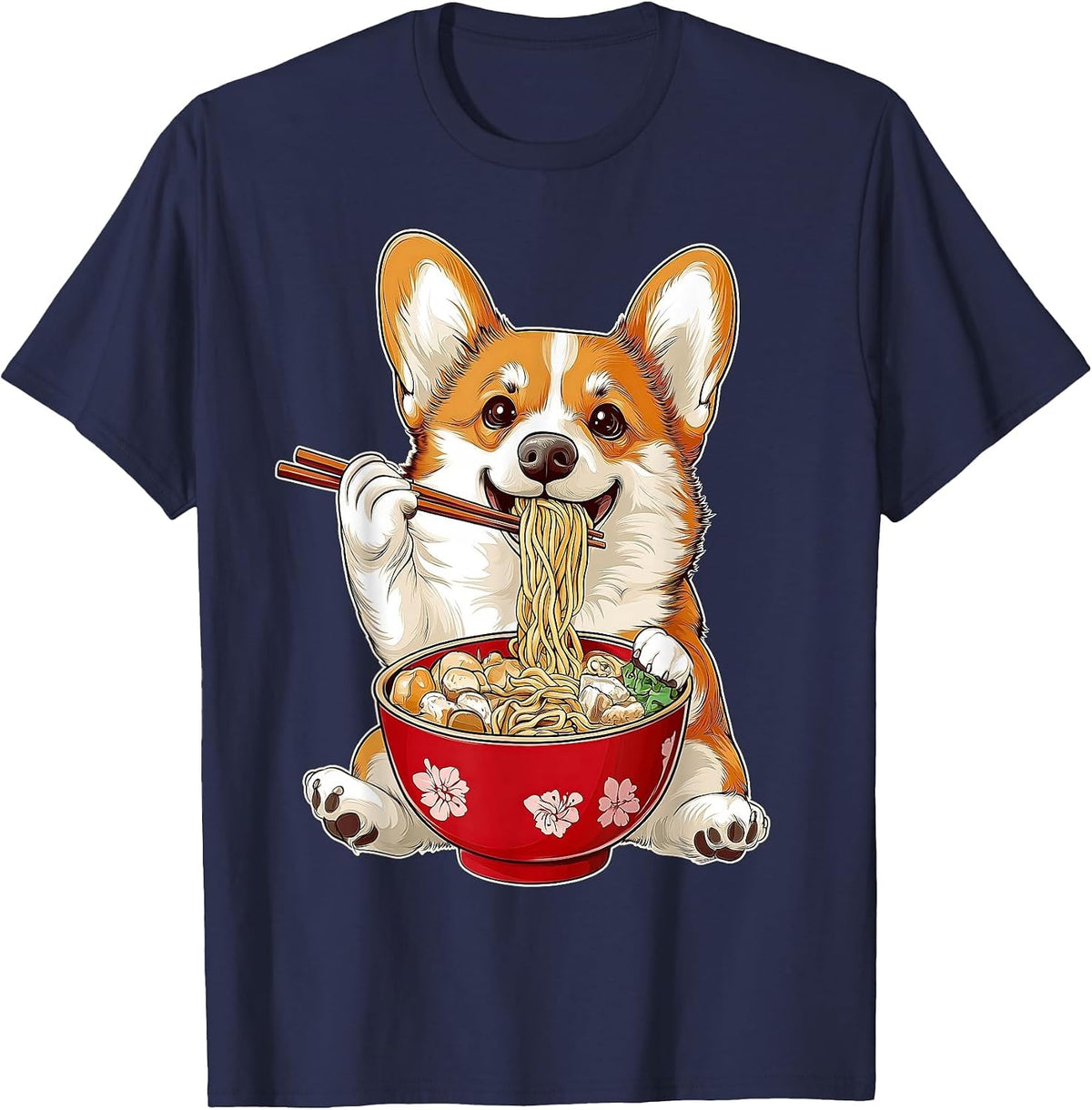 Corgi Dog Ramen Japanese Noodles T-Shirt - Navy Blue