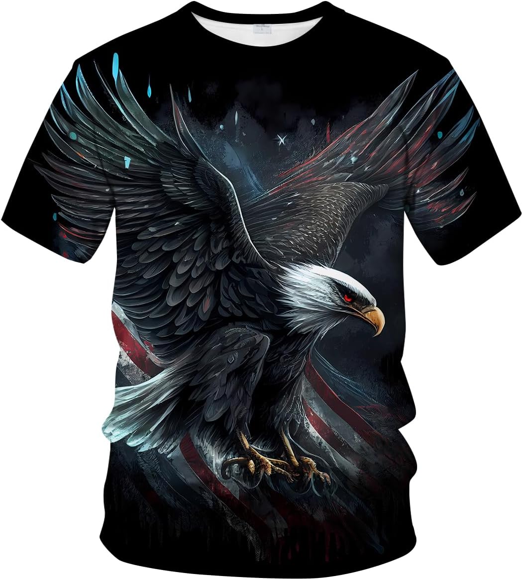 LAOLIUSN Men's 3D Eagle Print T-Shirt - Patriotic Theme,Animal Graphic Tee - Black
