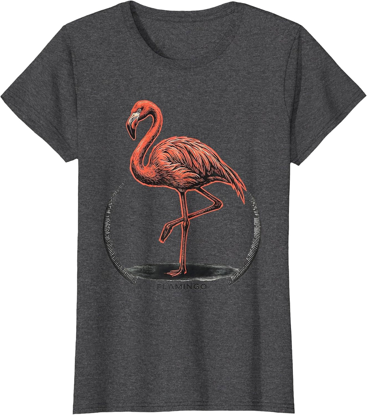 Women's FLAMINGO Minimalist Line Art Animal Badge Patch T-Shirt - Dark Heather Grey