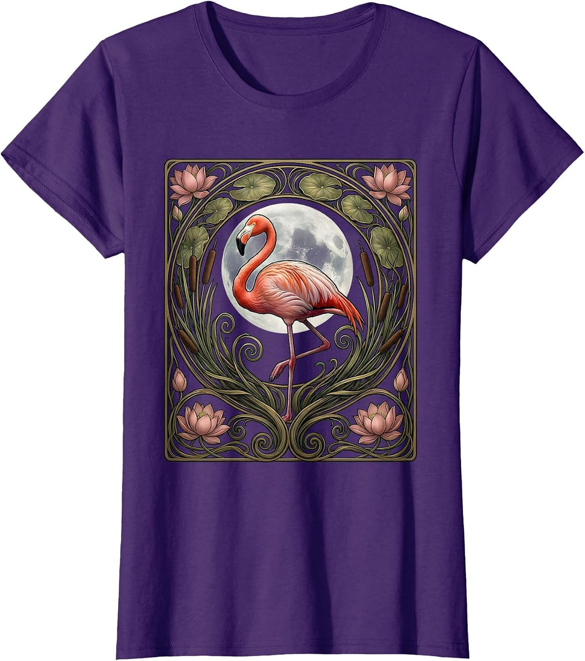 Flamingo Silhouette Full Moon Night Sky Design T-Shirt - Purple