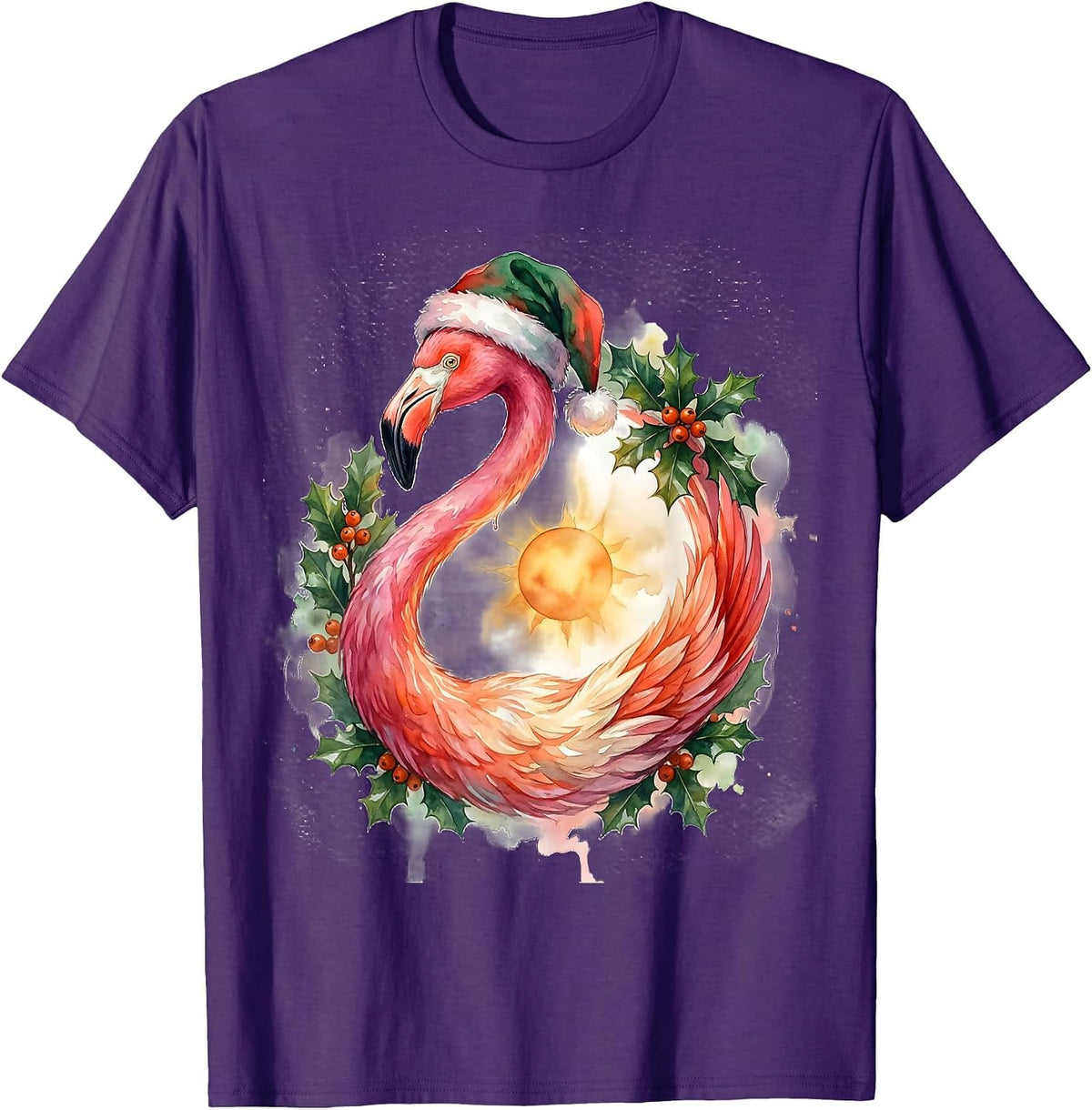 Men's Pink Flamingo Watercolor Christmas Wreath Holiday Humor T-Shirt - Purple