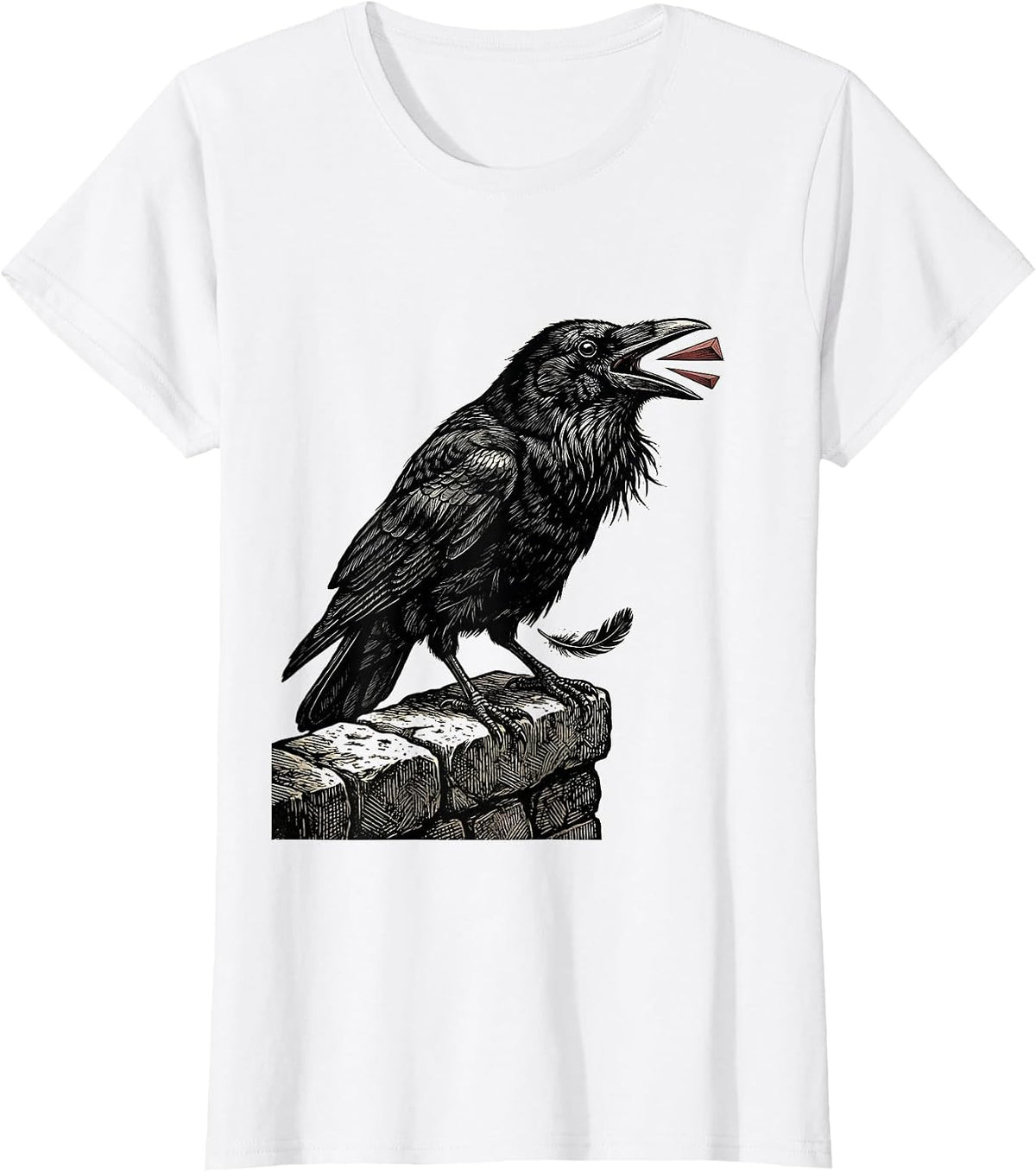 Crow on Stone Marker Woodcut Engraving Dark Humor T-Shirt - White