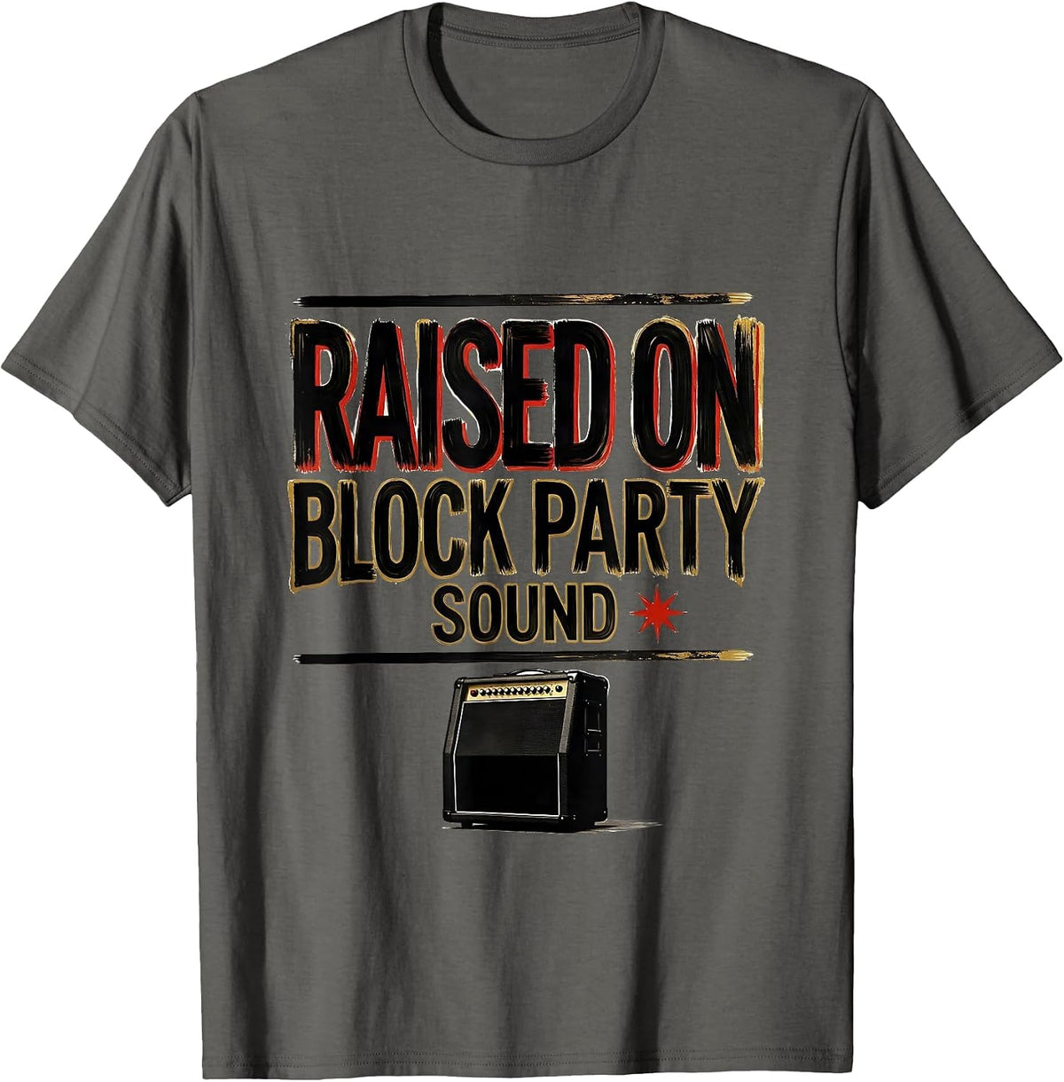 Men's Raised On Block Party Sound Vintage 90s Hip-Hop Rap Lyric T-Shirt - Asphalt Grey
