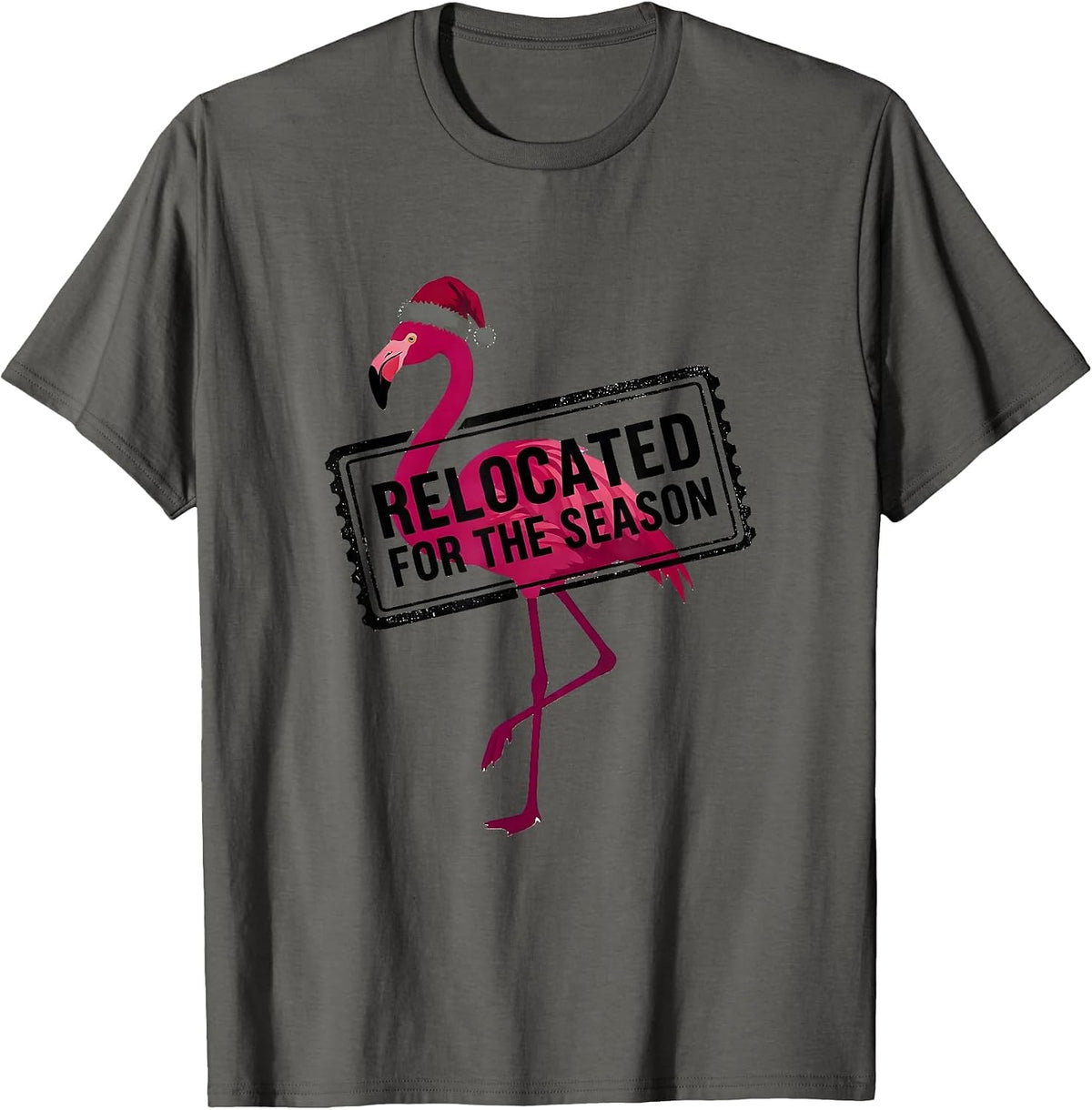 Men's Relocated For The Season Funny Pink Flamingo Santa Hat T-Shirt - Asphalt Grey