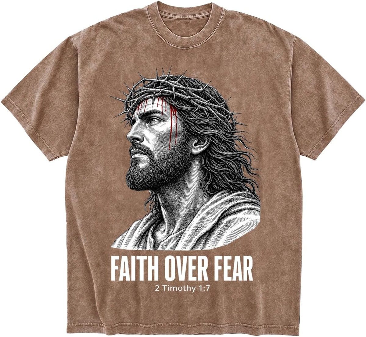 Acid Wash Oversized Christian Jesus Graphic Tee Faith Streetwear - Khaki cy190