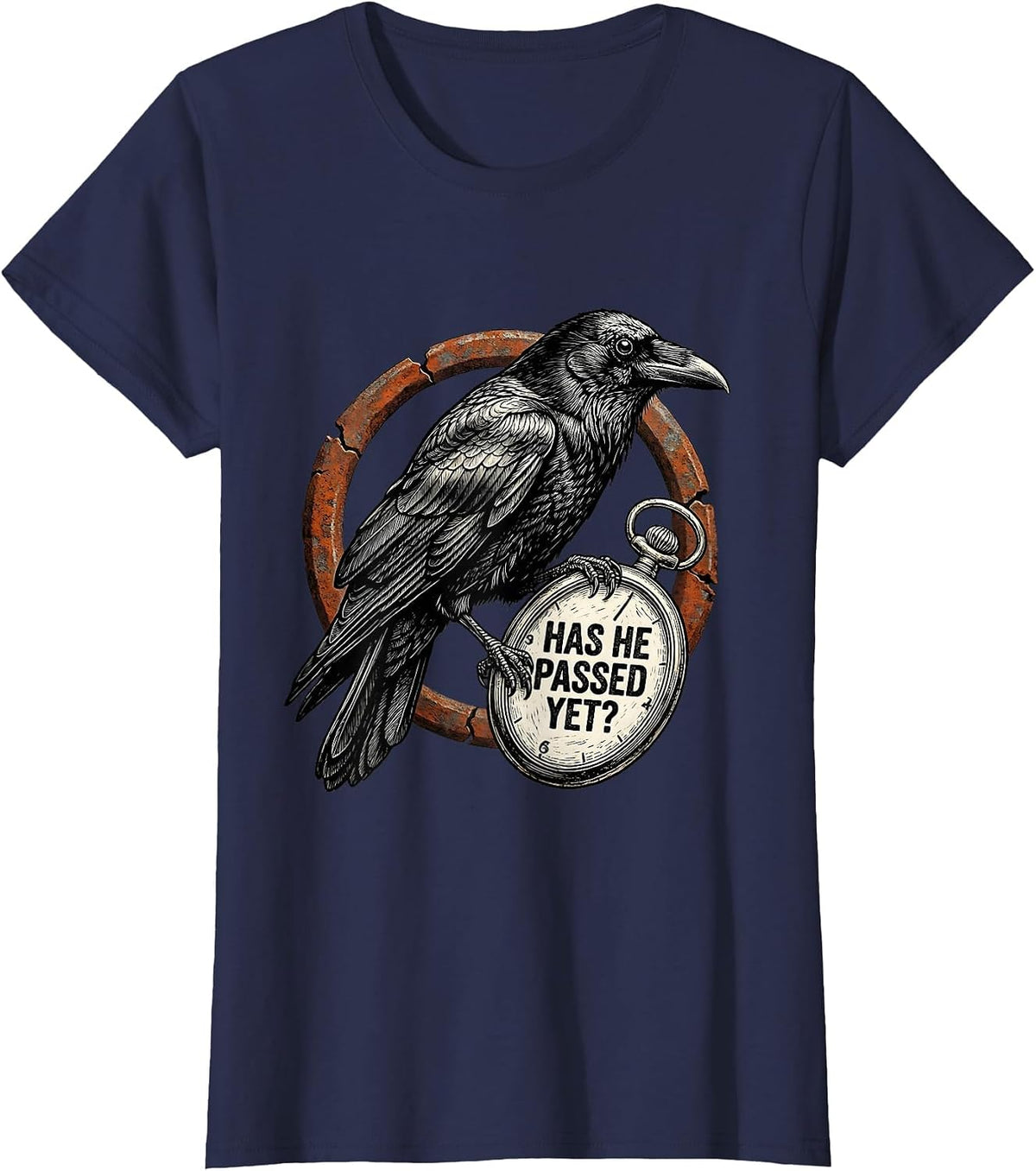 Women's Has He Passed Yet Dark Humor Crow Raven Bird Gothic T-Shirt - Navy Blue