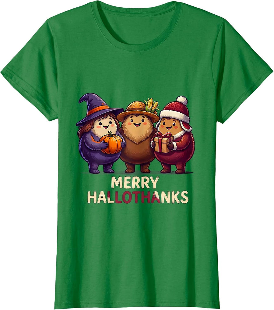 Women's Merry HalloThanks Sign Painter Showcard Humor Tri Holiday T-Shirt - Kelly Green