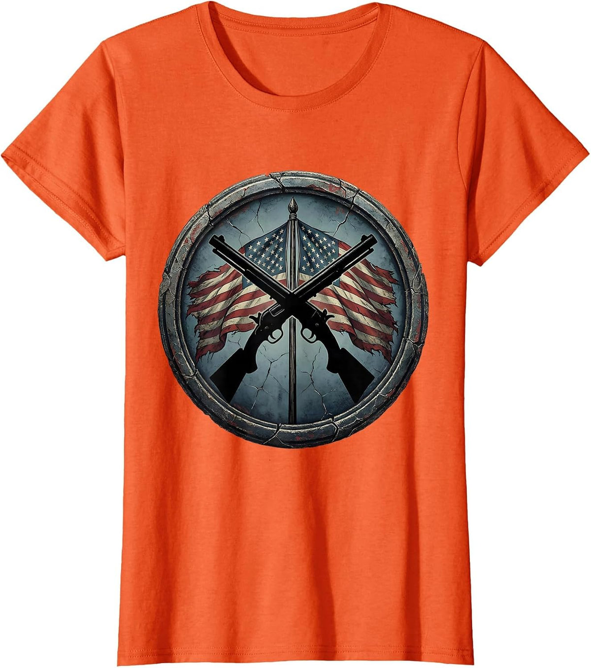 Double Barrel Shotgun American Flag Crossed Graphic T-Shirt - Orange