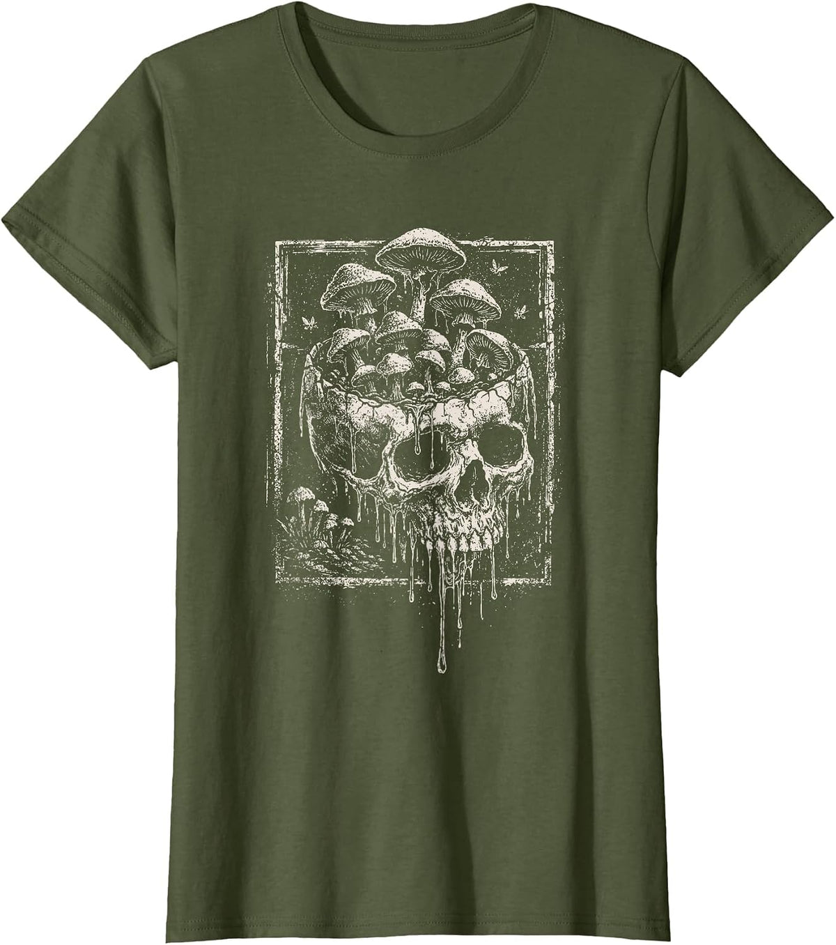 Skull Mushroom Dark Grunge Skeleton Forest Horror Aesthetic T-Shirt - Olive Green