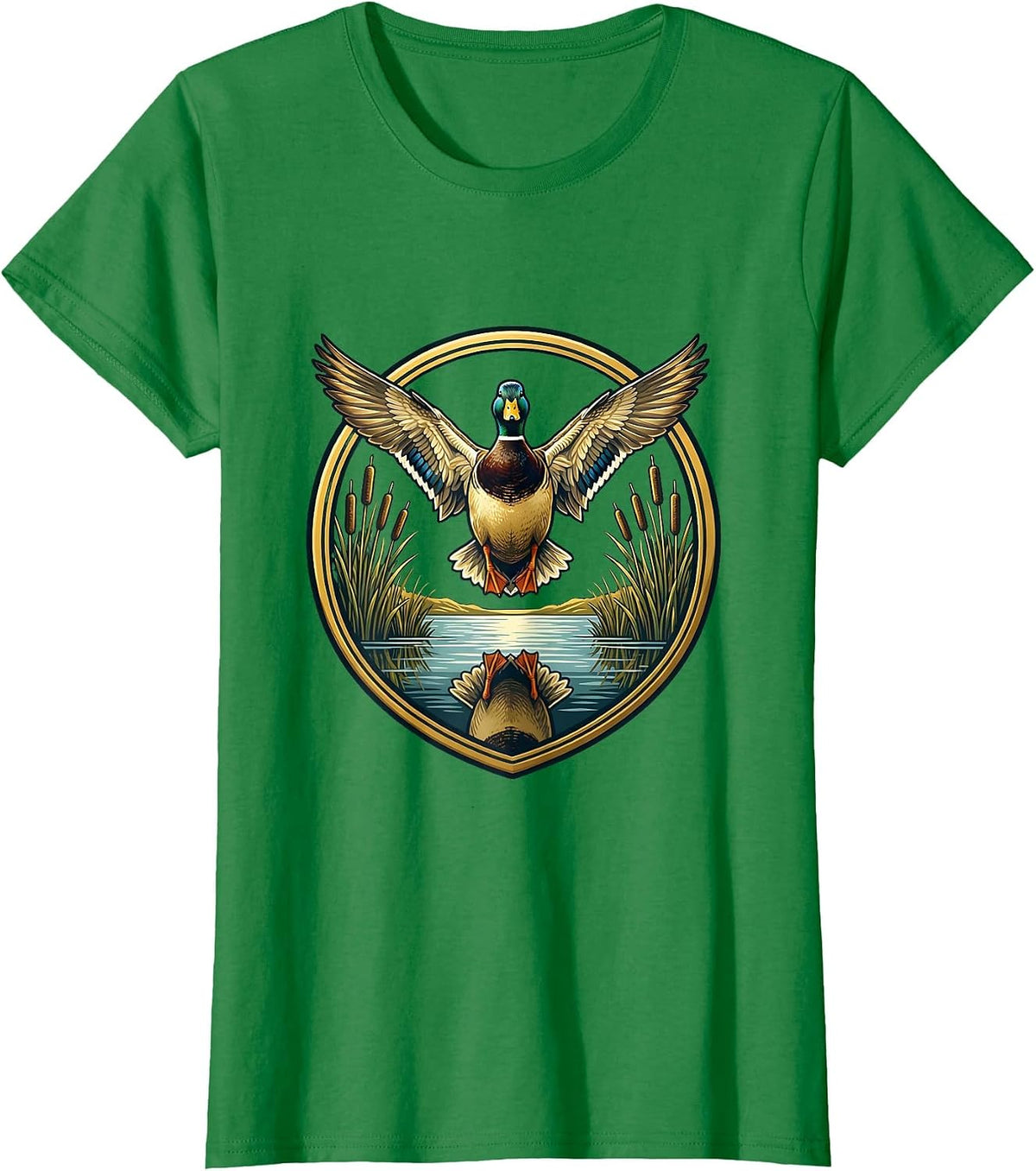 Women's Duck Flying Over Misty Marsh Reeds Illustration T-Shirt - Kelly Green