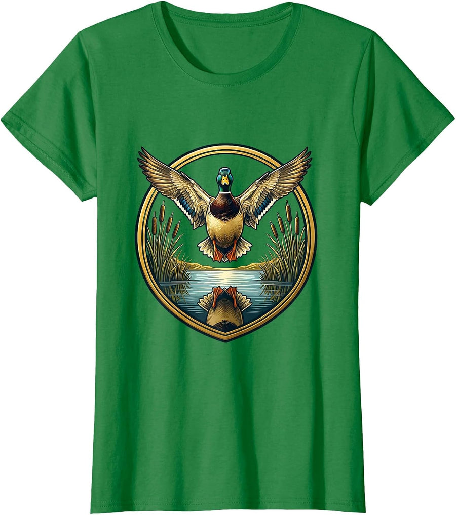 Women's Duck Flying Over Misty Marsh Reeds Illustration T-Shirt - Kelly Green