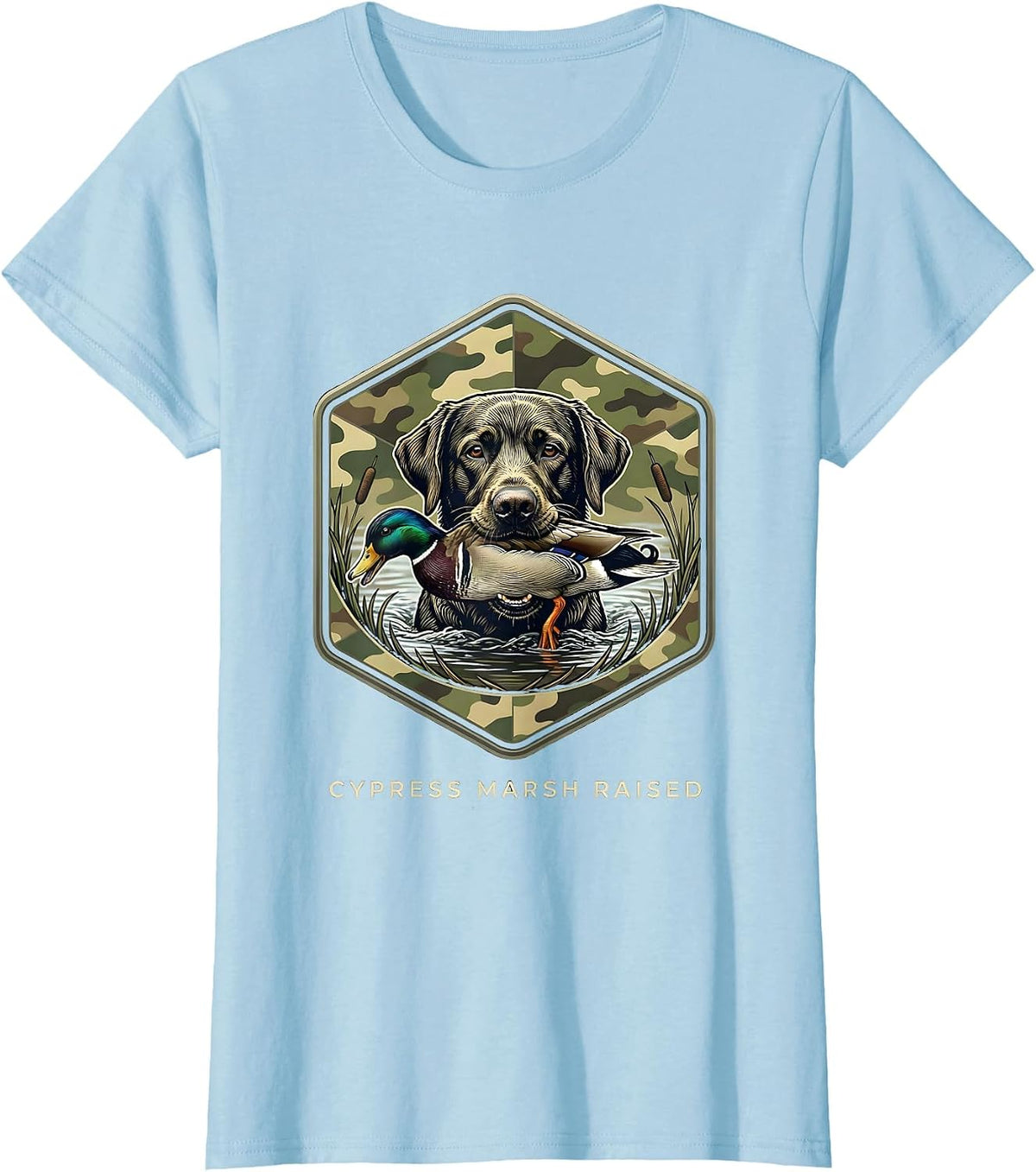 Cypress Marsh Raised Hexagonal Badge Labrador Duck Hunting T-Shirt - Baby Blue