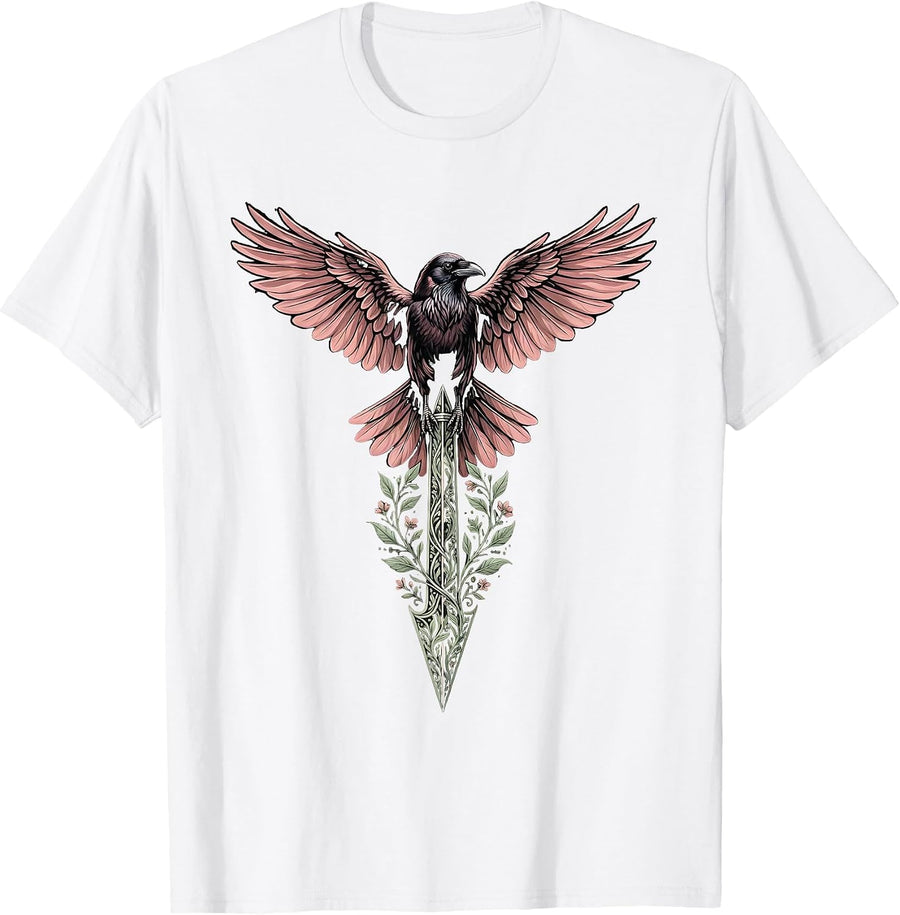 Men's Crow Perched on Compass Needle Illustration T-Shirt - White