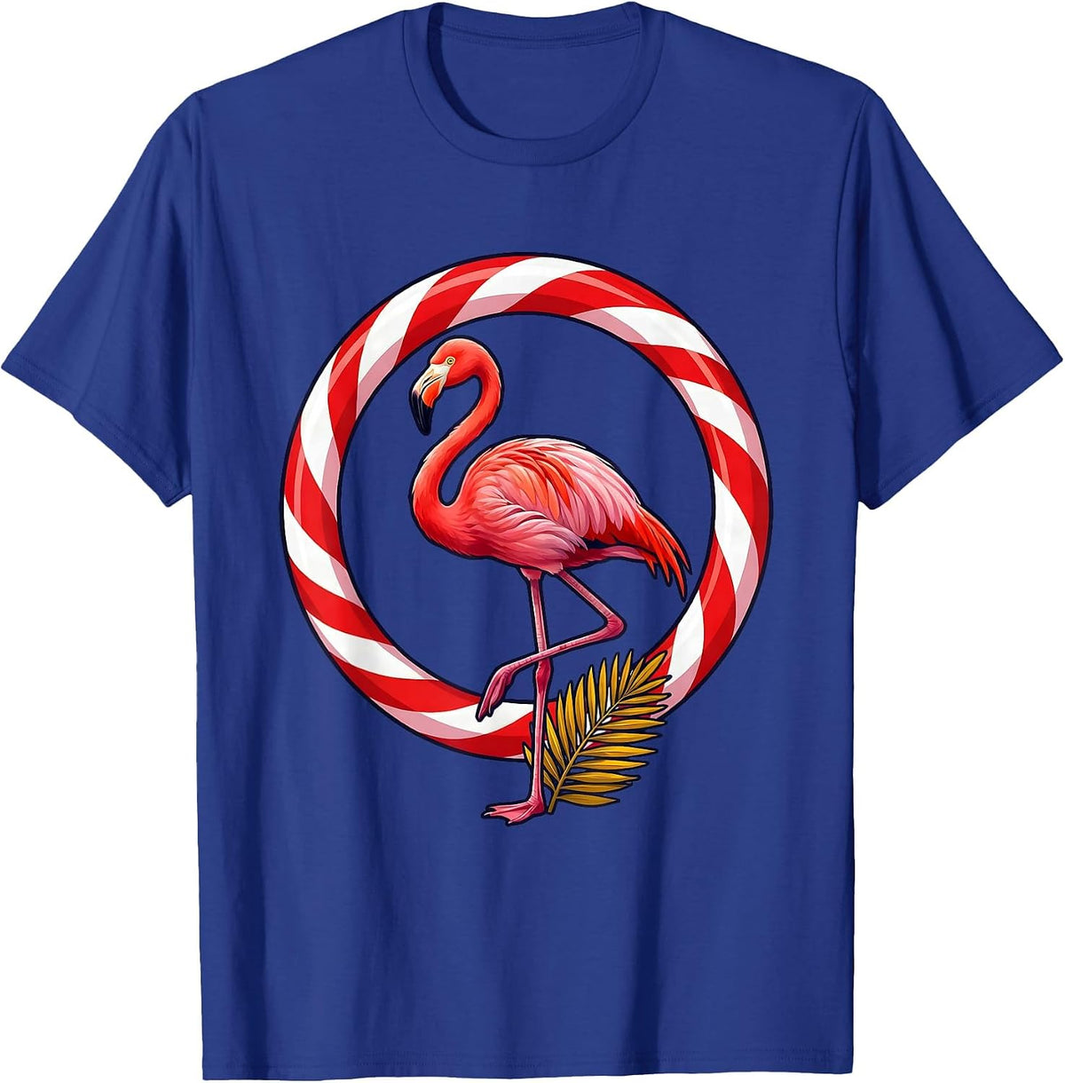 Pink Flamingo Candy Cane Christmas Novelty Humor T-Shirt - Royal Blue