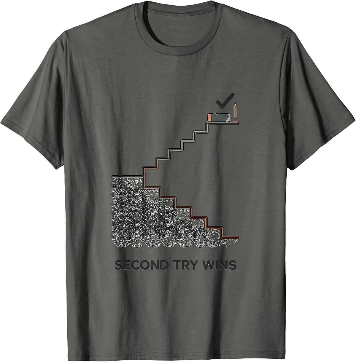 Second Try Wins Growth Mindset Teacher Motivational T-Shirt - Asphalt Grey
