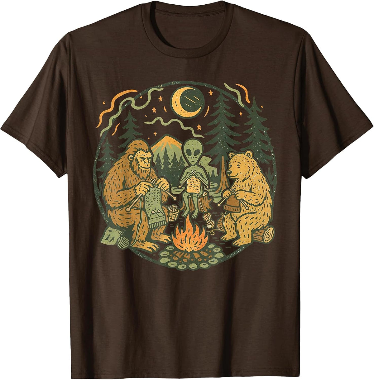 Campfire Knitting Friends Retro Bigfoot Alien Bear Knitting T-Shirt - Brown