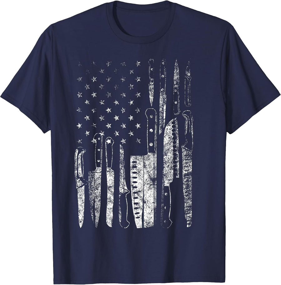 American Flag Chef Knife Set Collector T-Shirt - Navy Blue