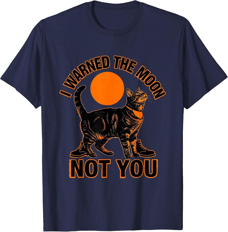 I Warned The Moon, Not You Stencil Retro Orange Tabby Cat T-Shirt - Navy Blue