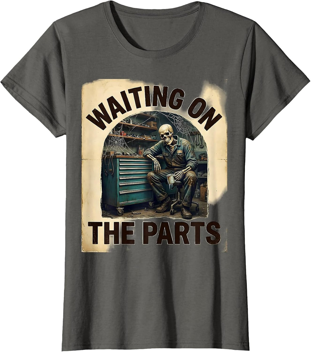 Women's Waiting On The Parts Vintage Skeleton Mechanic Auto Repair T-Shirt - Asphalt Grey