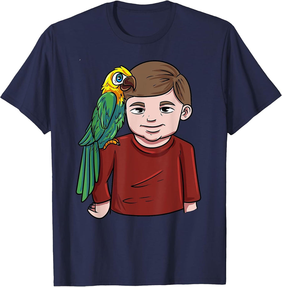 Boy with Parrot Macaw Bird Lover T-Shirt - Navy Blue