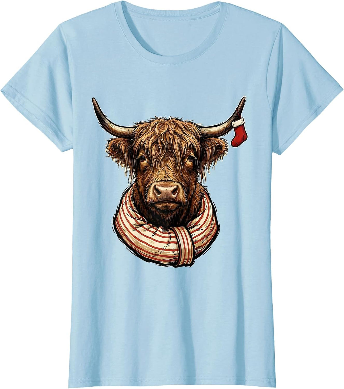 Shaggy Highland Cow Pajama Sleeve Holiday Humor T-Shirt - Baby Blue