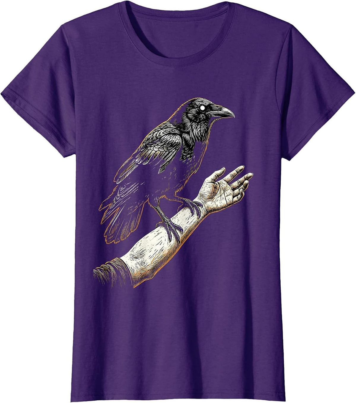 Women's Crow Perched on Outstretched Hand Illustration T-Shirt - Purple