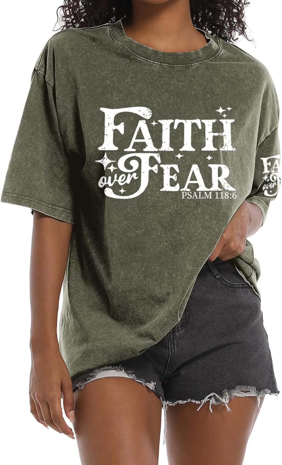 Faith Over Fear Christian Shirts for Women Jesus Religious Bible Verse T Shirts God Oversized Acid Wash Graphic Tees - Army