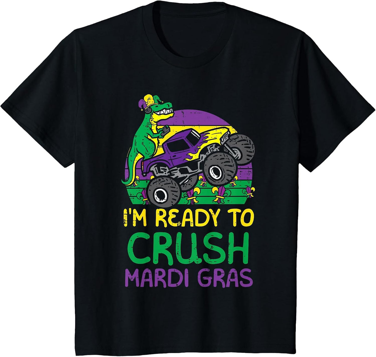 Kids Crush Mardi Gras Dino Monster Truck Funny Toddler Boys Kids T-Shirt - Black