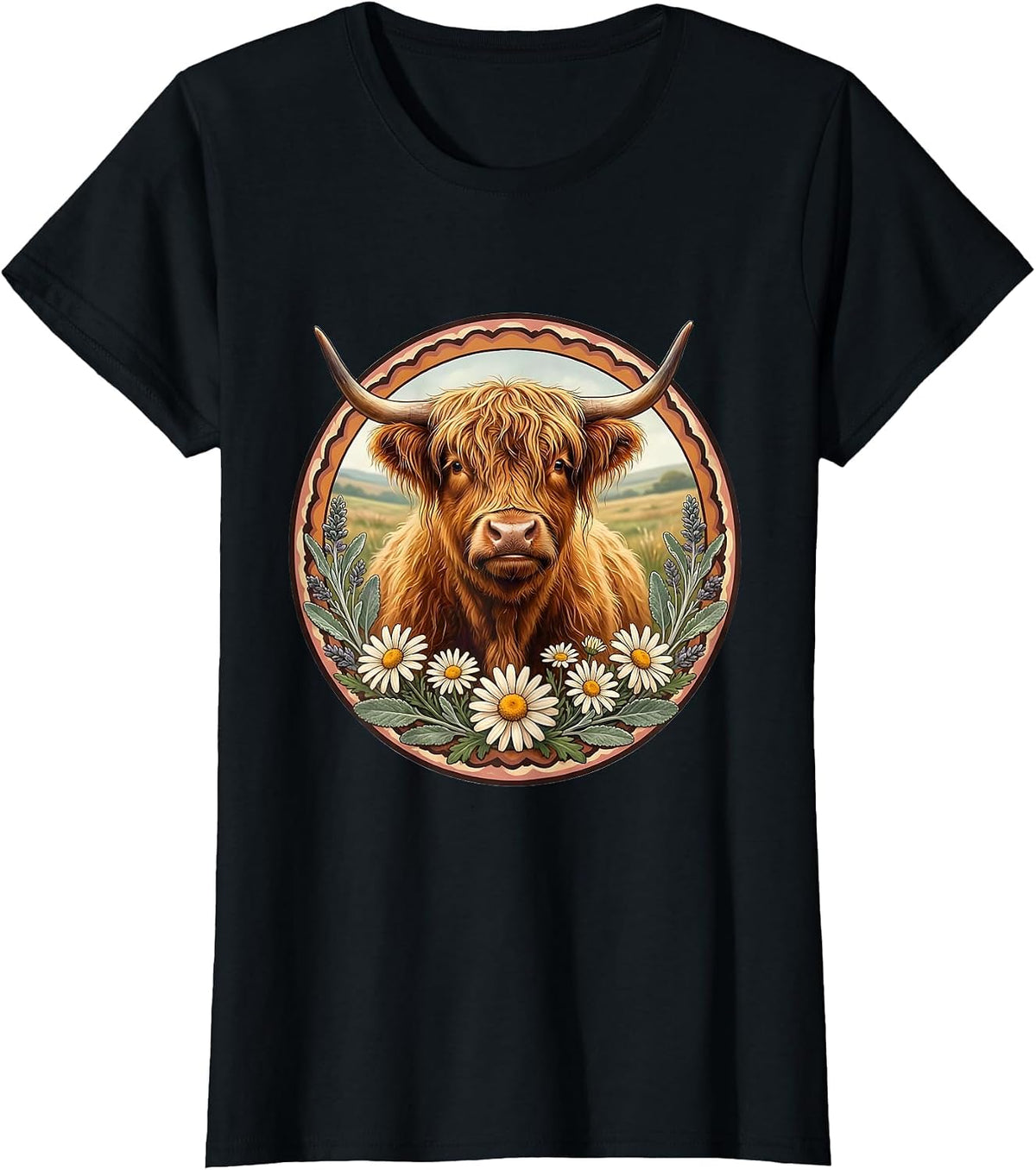 Highland Cow Sitting in a Field of Daisies T-Shirt - Black