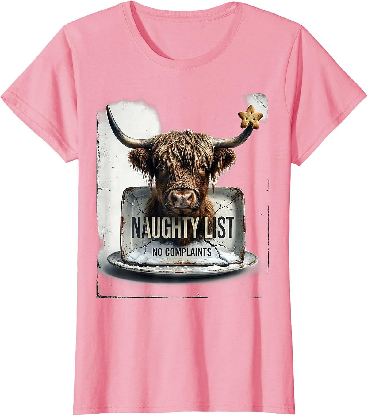 Women's Naughty List No Complaints Distressed Highland Cow Farm T-Shirt - Pink