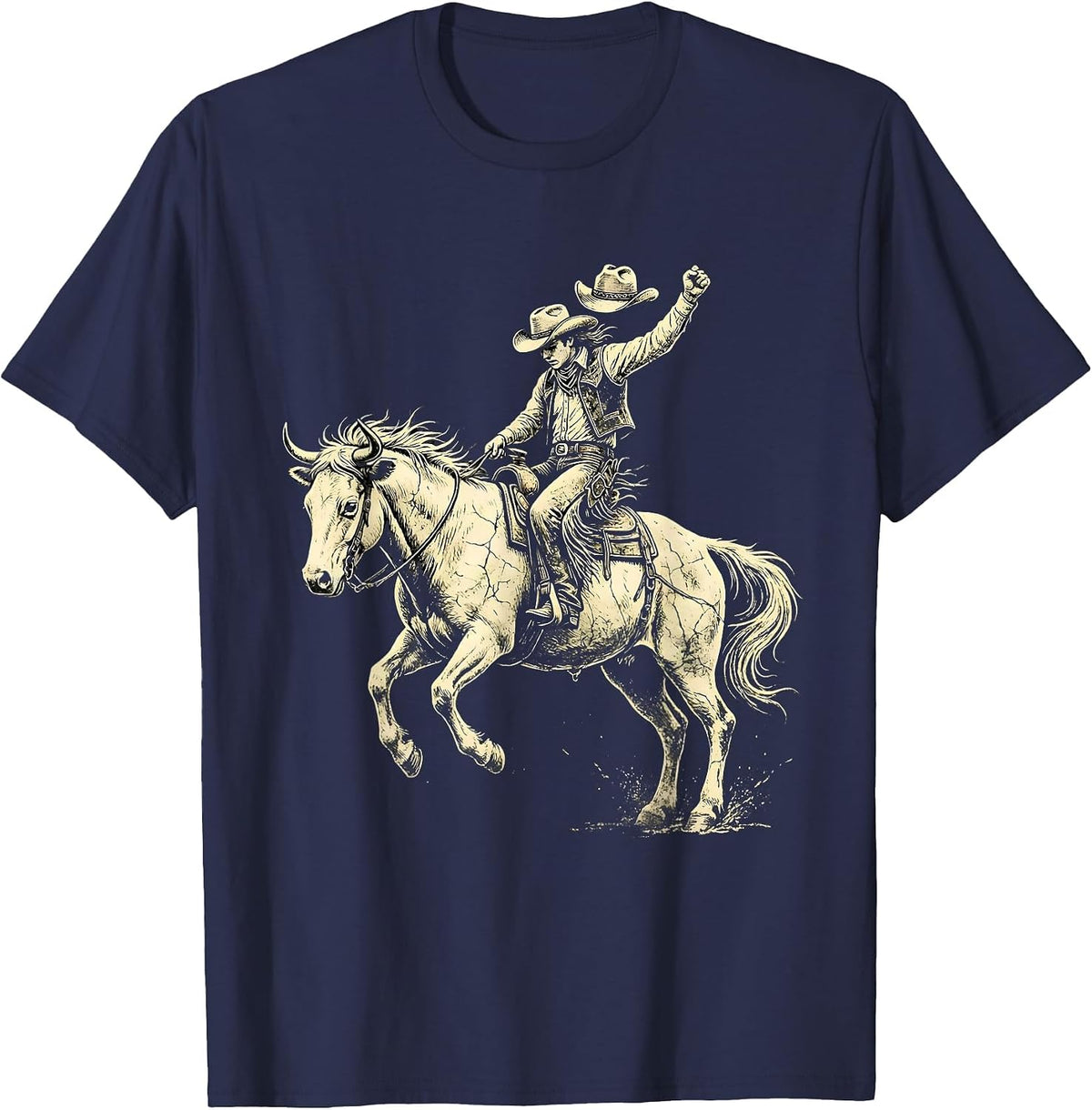 Men's Cowgirl Riding Bucking Bronco Rodeo Illustration T-Shirt - Navy Blue