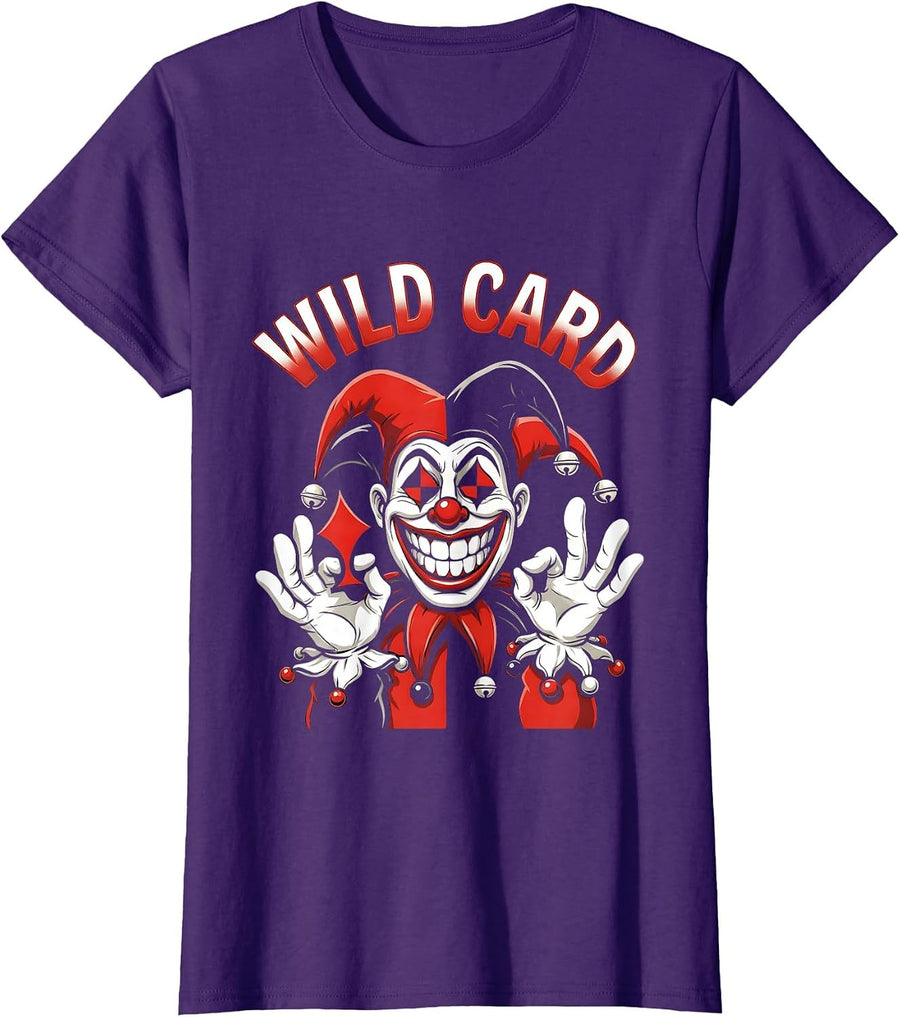 Women's Wild Card Retro Cartoon Jester Poker Player Halloween Party T-Shirt - Purple