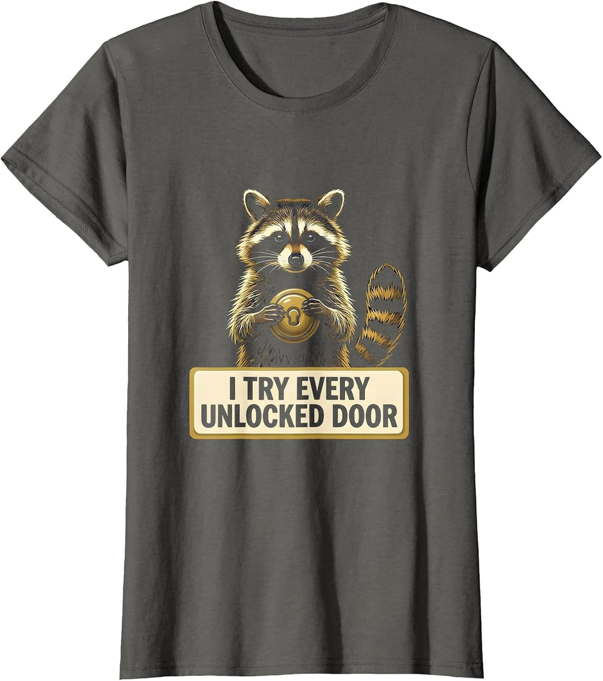 Women's I Try Every Unlocked Door Funny Raccoon Trash Panda Meme T-Shirt - Asphalt Grey