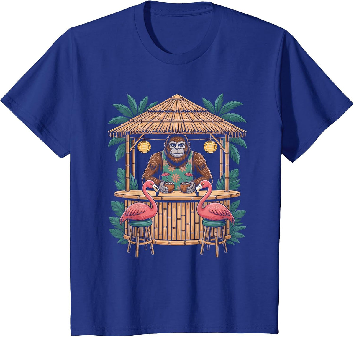 Bigfoot Flamingo Tiki Bar Summer Sun Cocktail Humor T-Shirt - Royal Blue