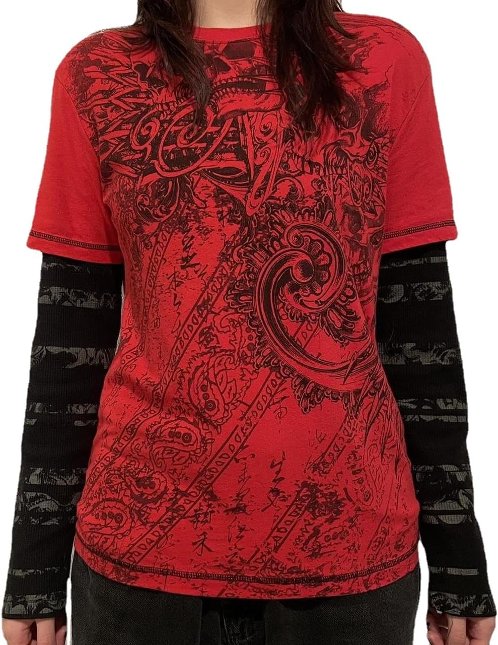 Goth Shirt Gothic Shirt Fake Two-Piece Alternative Clothing Goth Long Sleeve Top Grunge Clothes - Red