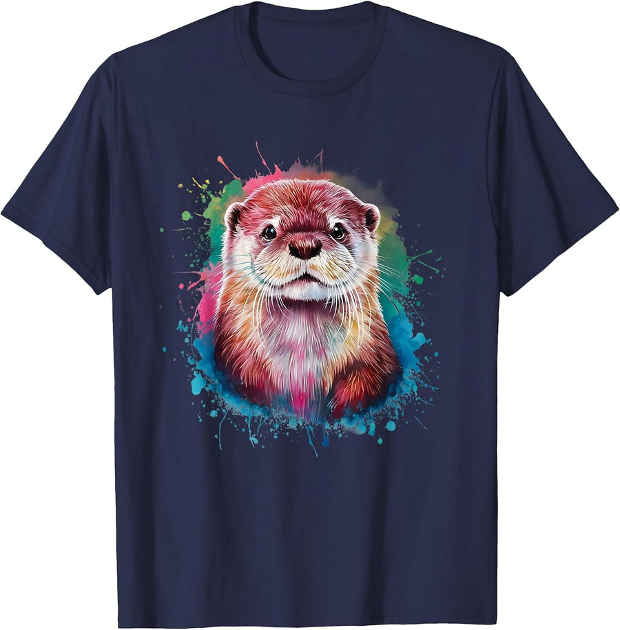 Otter Men's Women's Colourful Watercolour Otter T-Shirt - Navy Blue